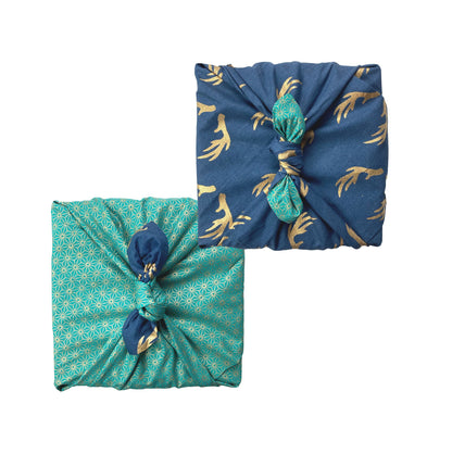 Jade and Midnight Reindeer Fabric Gift Wrap Furoshiki Cloth - Double Sided (Reversible)