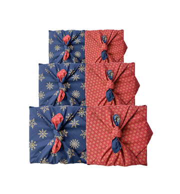 Furoshiki Gift Wrap - 3 Pack (Sizes S, M & L) Double Sided Bundle - Ruby & Midnight Snowflakes