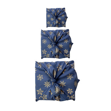 Furoshiki Gift Wrap - 3 Pack (Sizes Small, Medium & Large) Single Sided Bundle - Midnight Snowflakes