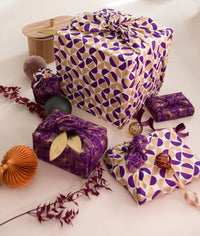 Furoshiki Gift Wrap Gold Moons & Plum Diamonds Fabric Gift Wrap - Double Sided (Reversible)