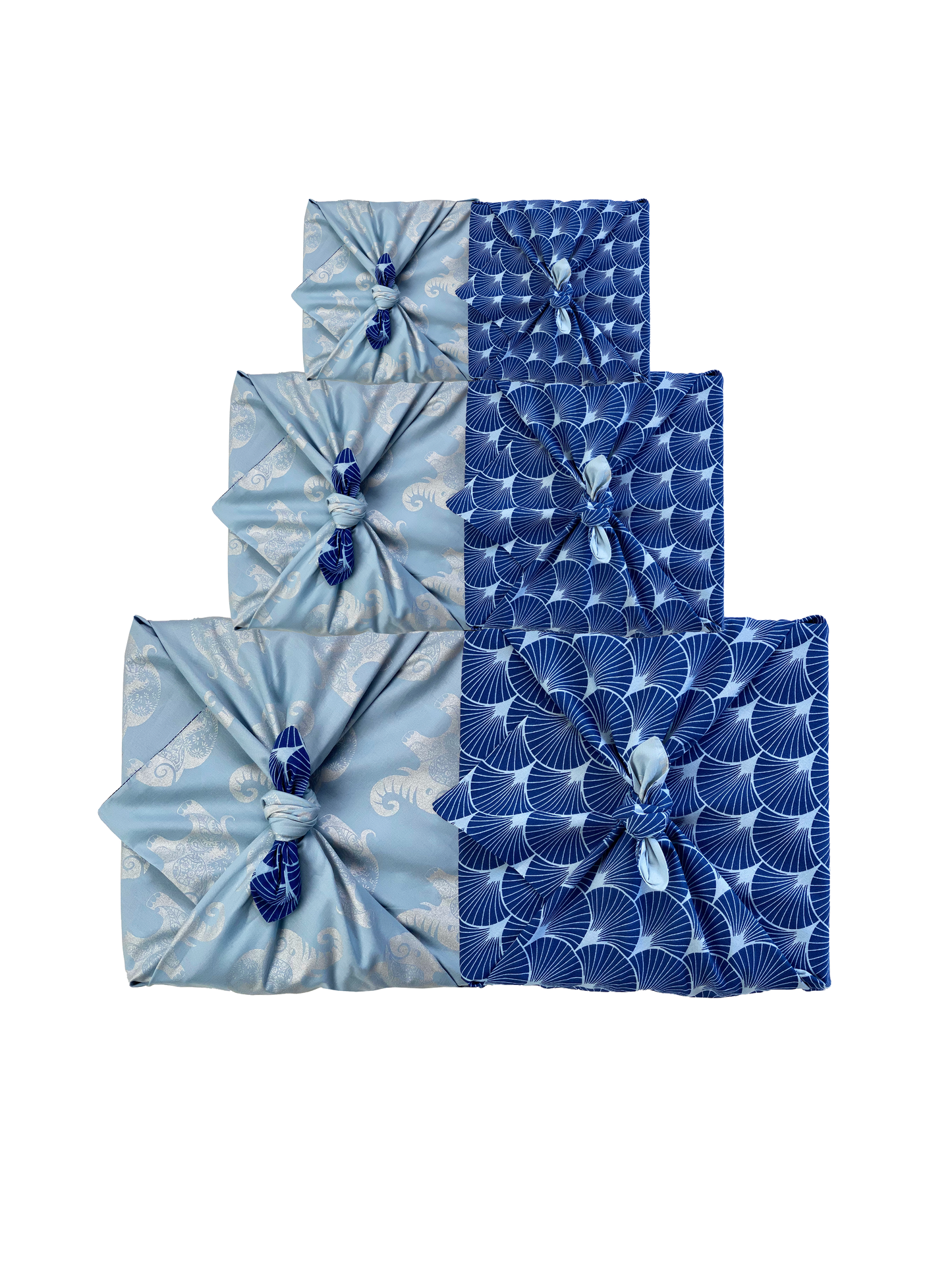 Fabric Gift Wrap Furoshiki Cloth - 9 Piece Sky Elephants & Indigo Fans Bundle