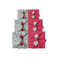 Furoshiki Gift Wrap - 3 Pack (Sizes S, M & L) Double Sided Bundle - Teal & Cherry