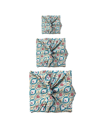Furoshiki Gift Wrap - 3 Pack (Sizes Small, Medium & Large) Single Sided Bundle - Teal Indian Floral