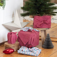 Furoshiki Gift Wrap - 3 Pack (Sizes S, M & L) Double Sided Bundle - Teal & Cherry